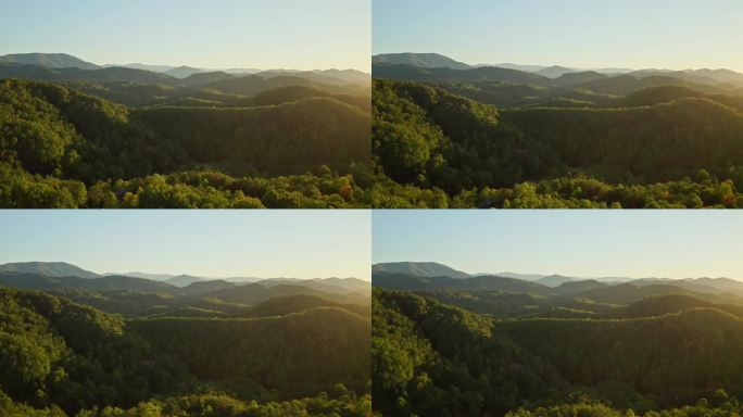 广阔的森林丘陵全景，烟雾山在田纳西州，空中向前日出