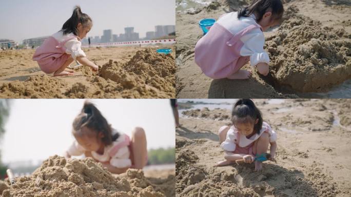 儿童小孩玩沙子挖沙湖边河边湿地公园
