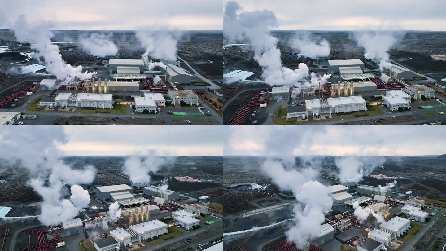 地热能工厂、管道和烟囱的4K航拍视频。冰岛