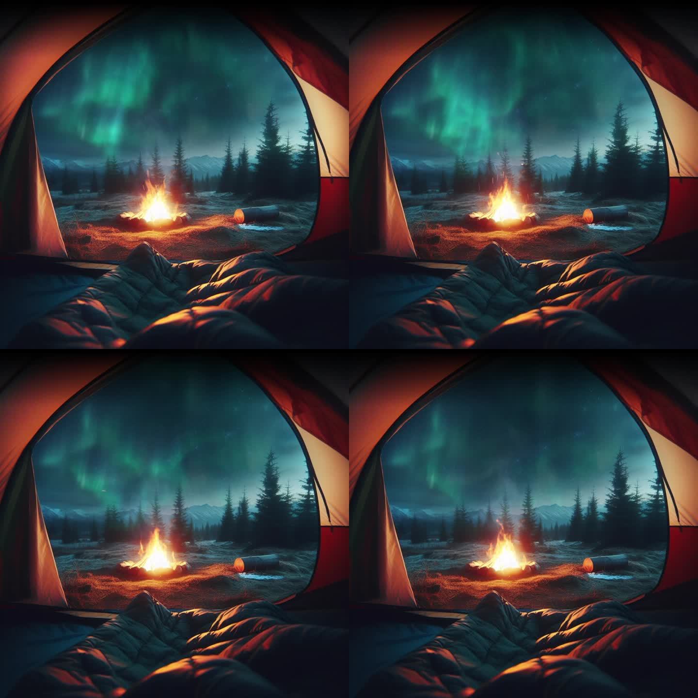 帐篷内野外夜晚篝火夜景极光循环视频