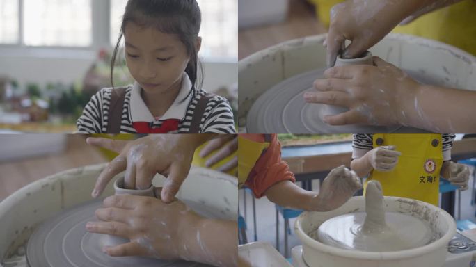 陶艺工作坊学生孩子拉胚成型手工捏制