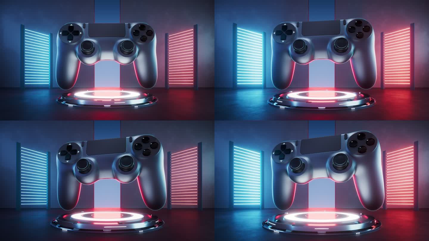 游戏手柄与科幻灯光场景3D渲染