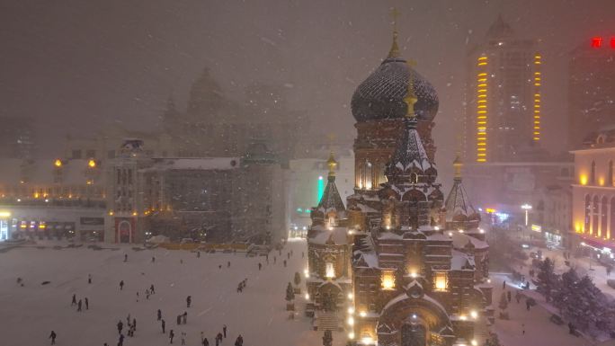 中国黑龙江哈尔滨索菲亚教堂广场雪景航拍