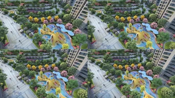 俯拍小区中庭配套景观三维动画