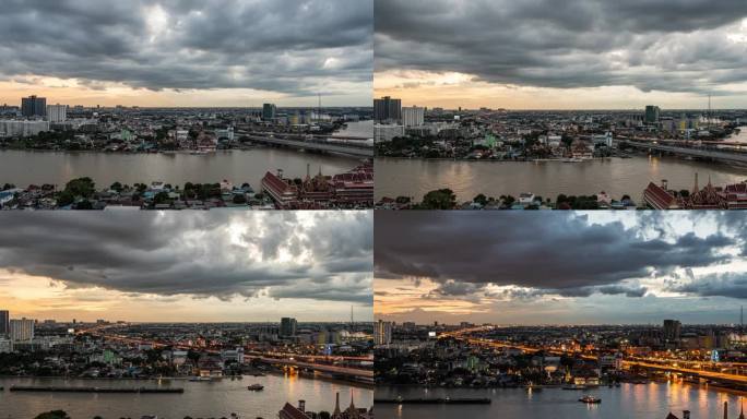 曼谷城市与风暴云的昼夜时间变化