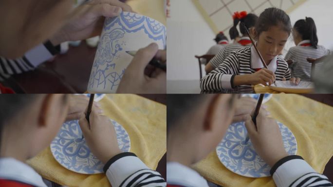 陶艺工作坊孩子学生绘盘手工