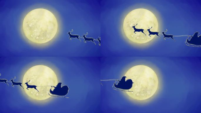 圣诞老人的雪橇和驯鹿在满月的映衬下奔跑的剪影。