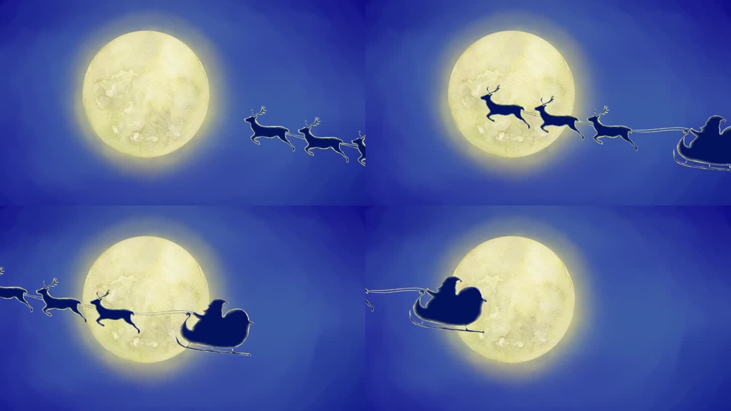 圣诞老人的雪橇和驯鹿在满月的映衬下奔跑的剪影。