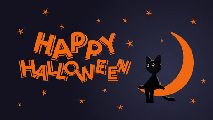 万圣节快乐，月亮上有黑猫的3D卡通动画