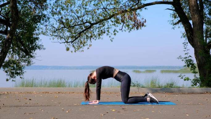 30多岁的苗条女性，穿着黑色运动服，在大自然的垫子上练习牛瑜伽式的后屈，双卧式，锻炼脊柱和肩部的柔韧