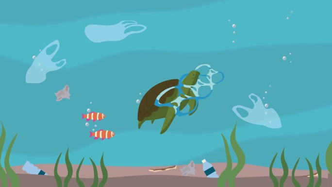 被污染的海洋里的乌龟被困在六块4k动画里