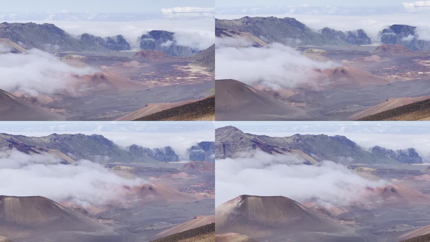 从夏威夷毛伊岛哈雷阿卡拉山顶的滑沙小道上拍摄的火山口的电影镜头。30fps的4K HDR