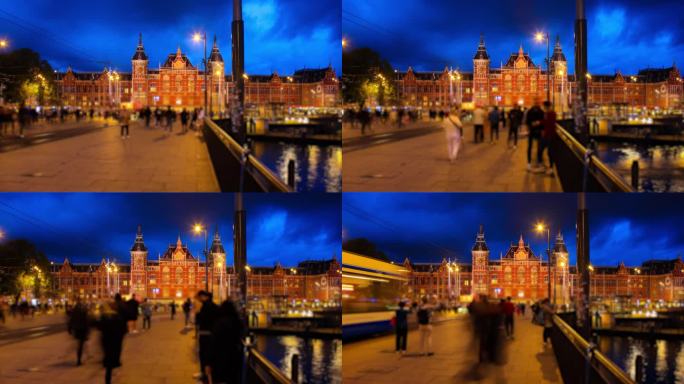 荷兰阿姆斯特丹延时外国街头夜景人流