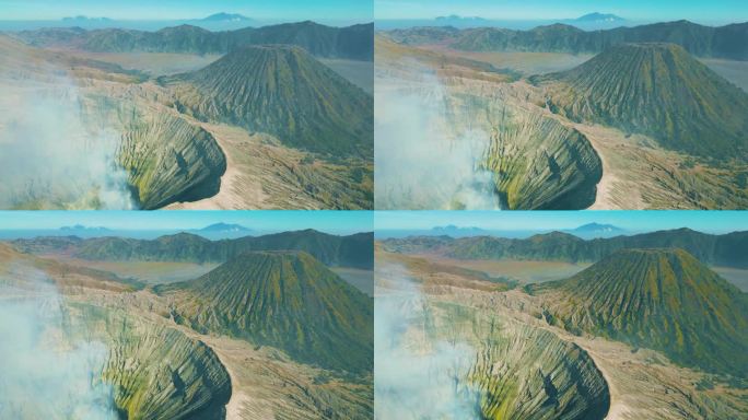 印度尼西亚东爪哇布罗莫腾格里塞默鲁国家公园古农布罗莫火山口和破火山口内的壮观景色。无人机鸟瞰图4K。