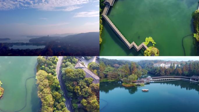 秋天航拍杭州西湖美景浴鹄湾