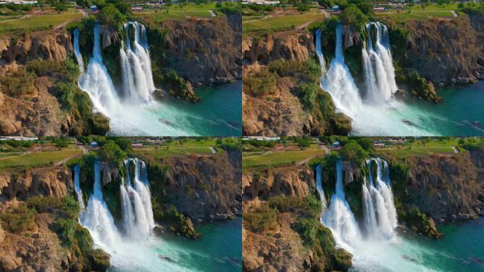 安塔利亚市下杜登瀑布的慢动作航拍视频
