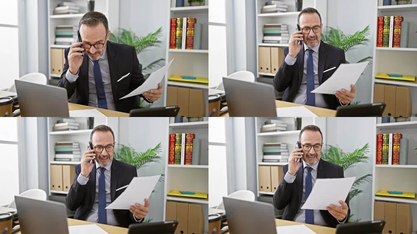 一位白发苍苍、精力充沛的中年男子，沉浸在办公室的职业角色中，一边自信地用智能手机通话，一边专心阅读一