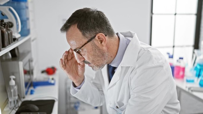 一个白发苍苍、精力充沛的中年男人，沉浸在突破性的科学研究中，在嘈杂的实验室环境中使用计算机