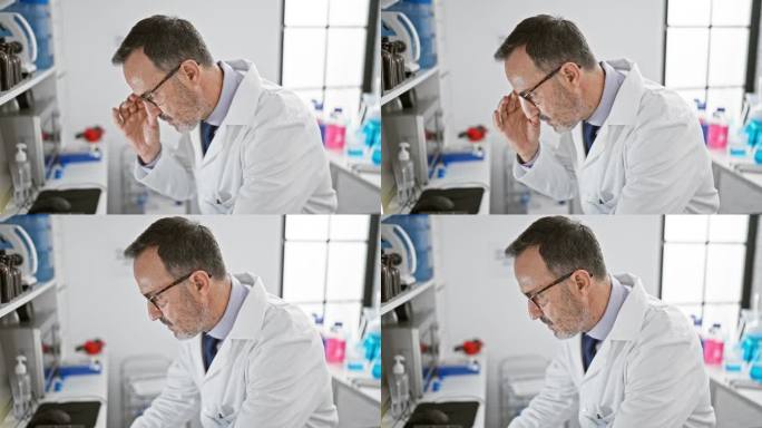 一个白发苍苍、精力充沛的中年男人，沉浸在突破性的科学研究中，在嘈杂的实验室环境中使用计算机