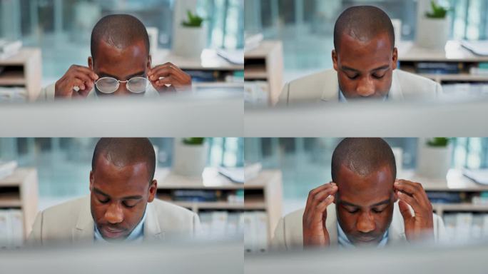 压力，头痛，在办公室戴眼镜的商人有眼疲劳，眩晕或脑雾。焦虑，失败和非洲男性经理偏头痛，倦怠或视力问题