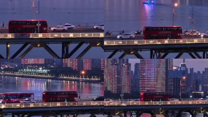 4K夕阳长江大桥上的观光游览巴士