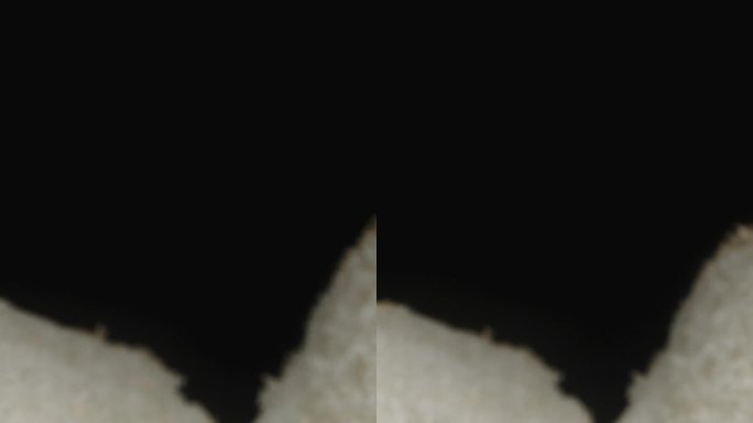芝麻热狗包，镜头在两半之间滑动，背景为黑色。多莉滑块极端特写。垂直视频。