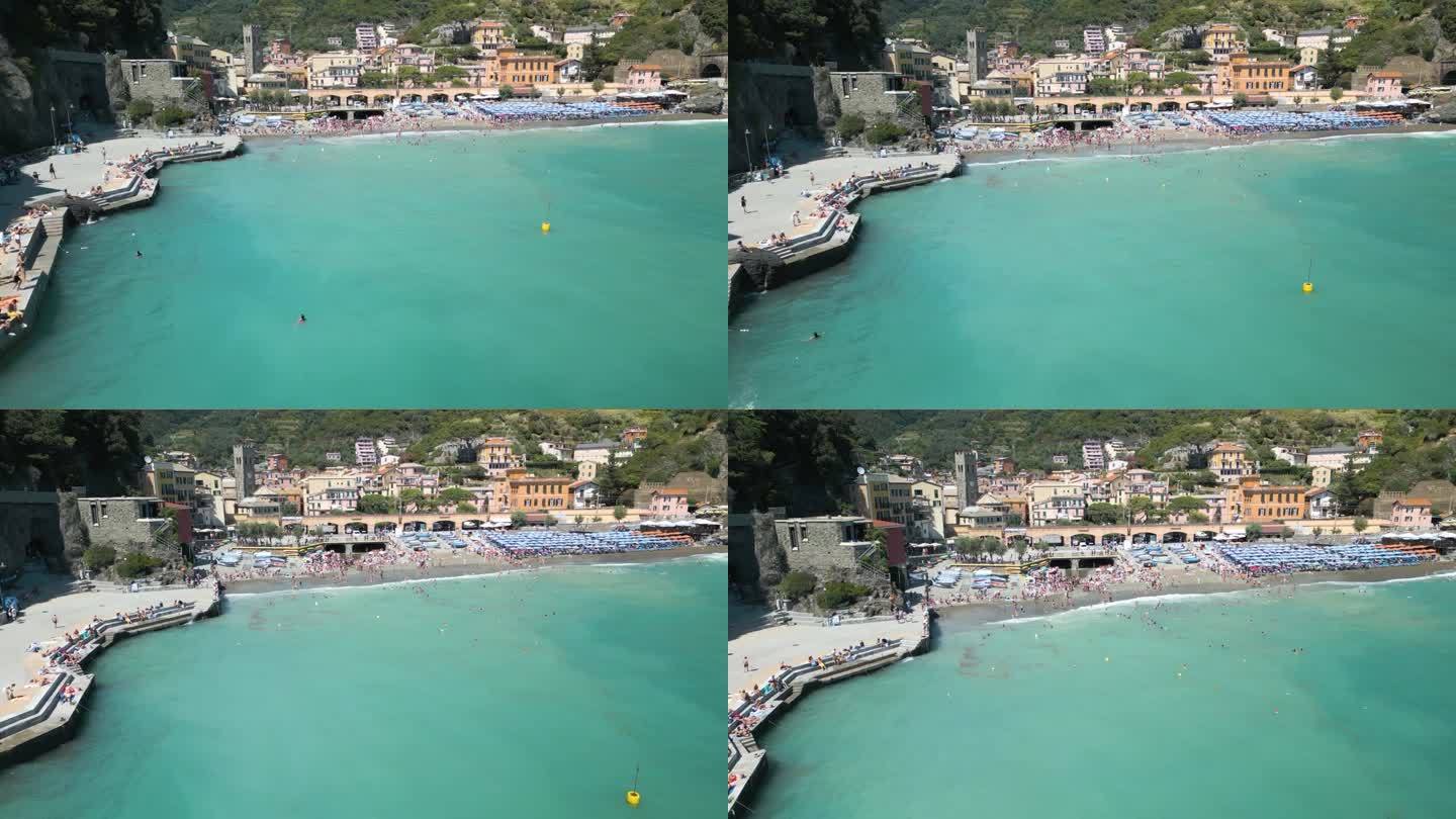 在意大利五渔村蒙特罗索的著名海滩建立无人机拍摄