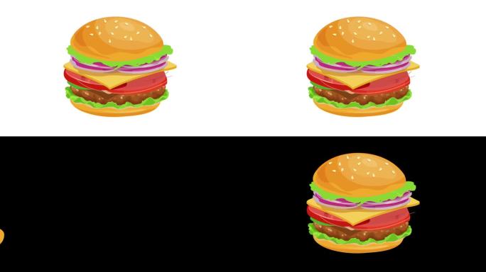 白色背景上的奶酪汉堡浮动动画。动画的汉堡包。