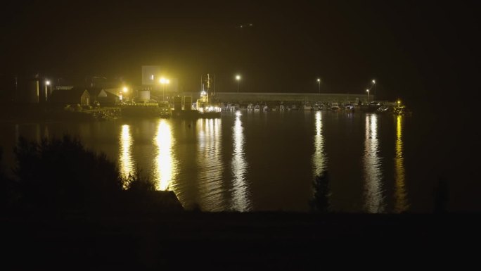 晚上的一个小港口。暗淡的灯光反射在黑暗的水面上。