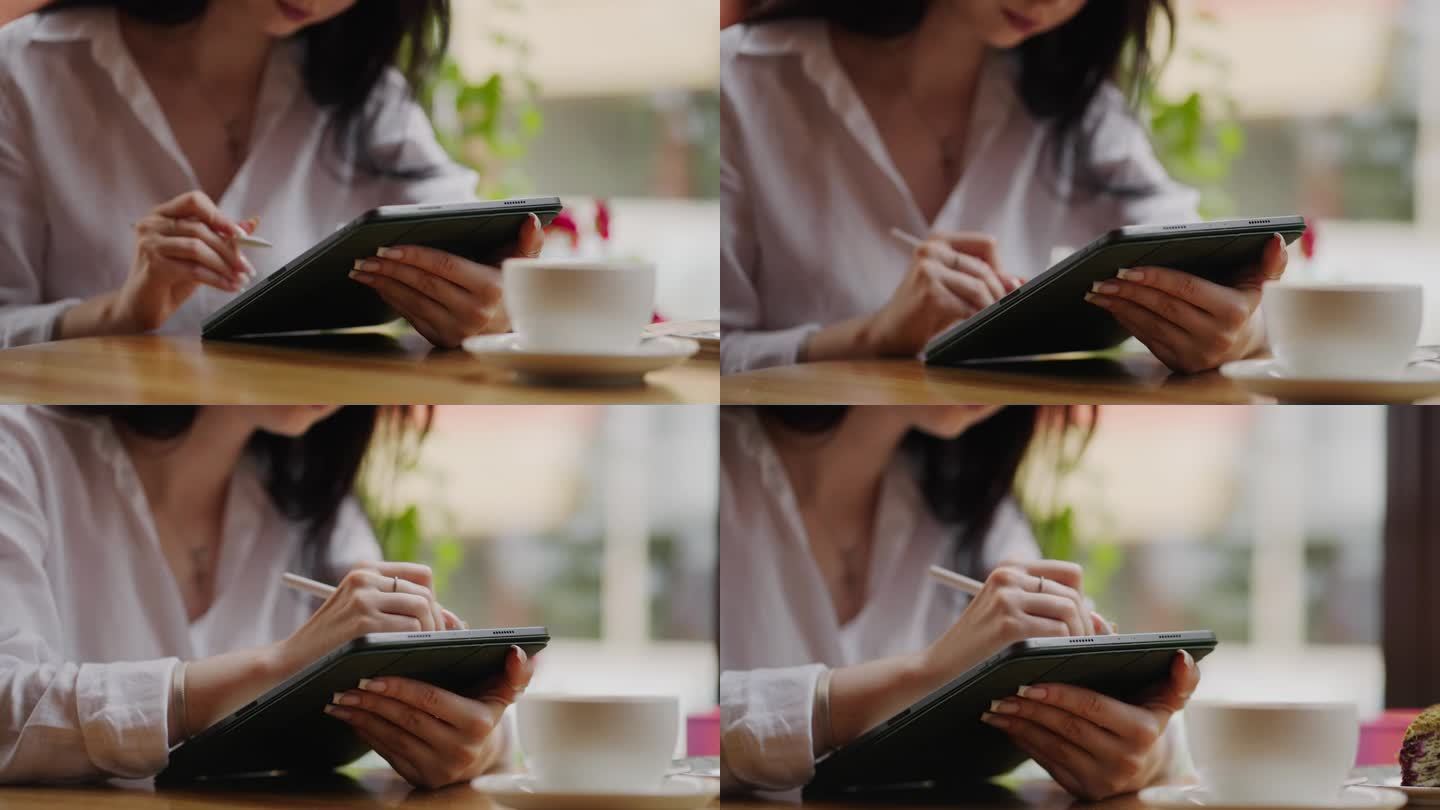 女平面设计师与平板电脑和手写笔在咖啡馆工作，绘制数字图片，特写