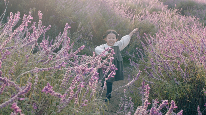 孩子在紫色花海奔跑