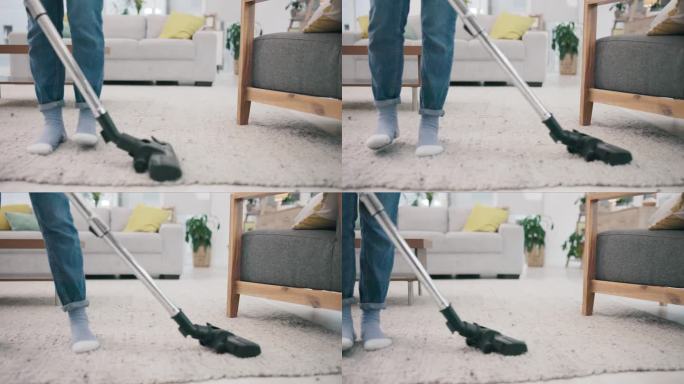 脚，地毯和吸尘器在家里春季大扫除与一个人在客厅的特写。一个成年人在公寓里做家务或家务的地板、器具和设
