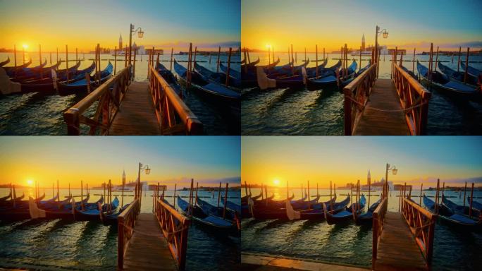 日出时威尼斯的速度坡道/时间扭曲贡多拉，背景是圣乔治马焦雷岛。威尼斯，日出时的贡多拉船。意大利