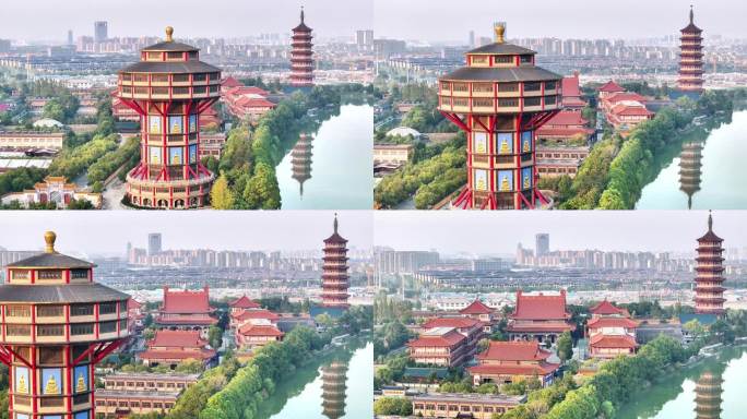 航拍扬州高旻寺运河河道寺庙塔游客全景空景