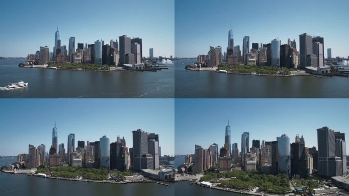 航拍镜头的摄像机接近曼哈顿岛的办公室和公寓大楼。哈德逊河风景与游艇，船只，一个世界贸易中心摩天大楼在