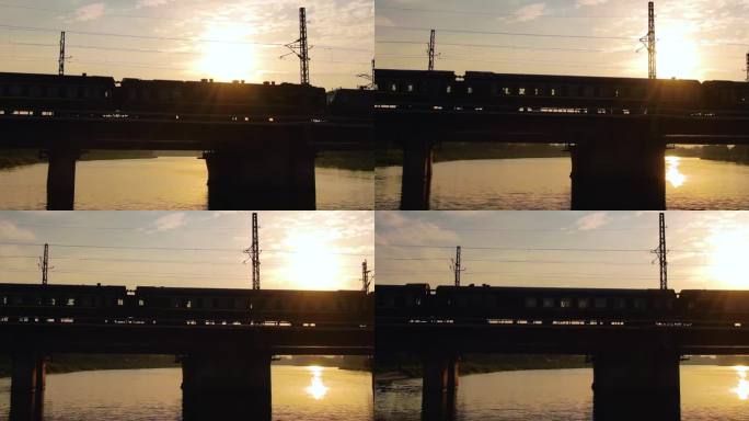夕阳绿皮火车过桥