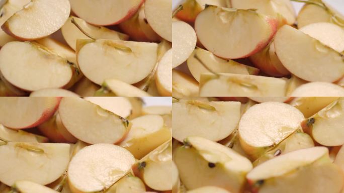 苹果片。镜头移动显示了许多苹果的切块