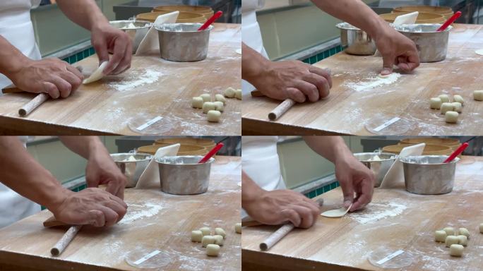 资深烘焙师傅4K双手敷面，老人揉面，用传统配方制作面包。