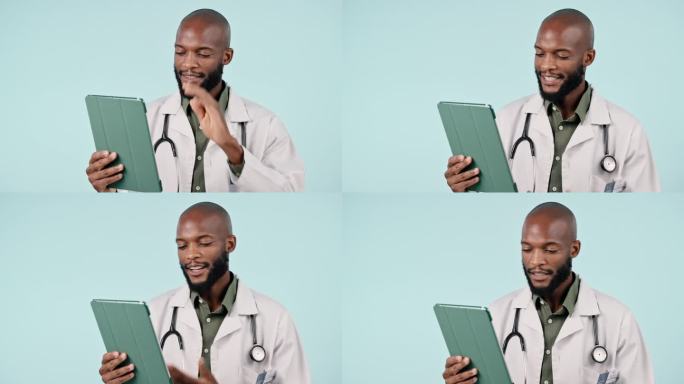 黑人男子，医生和平板电脑在视频通话远程医疗，在线咨询或建议的工作室背景。非洲男性，医疗或保健专业技术