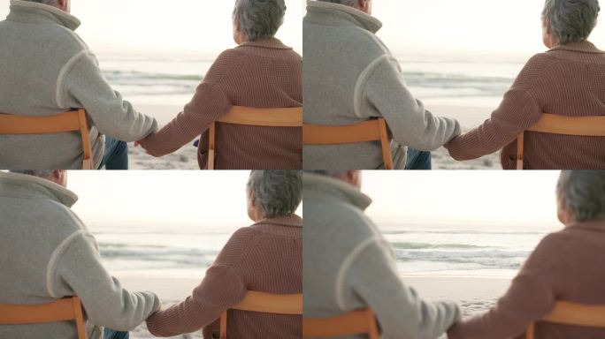 日落、沙滩和老年夫妇坐在海边的椅子上，享受承诺、亲密和美好的时光。爱情，旅行和背影的男人和女人牵着手