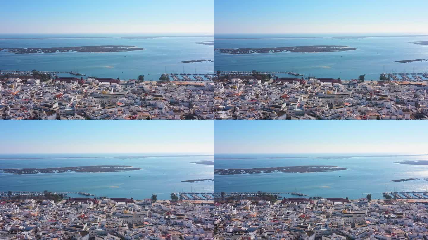 葡萄牙南部城镇奥尔豪的无人机画面。库拉特拉岛和阿莫纳岛的景色。