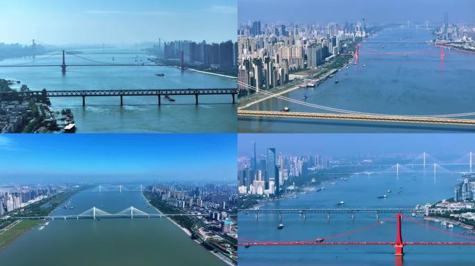 航拍长江桥梁同框超大城市天际线宣传片空镜