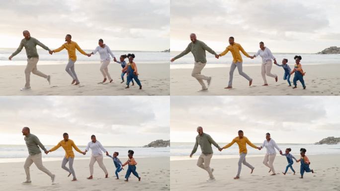 快乐的黑人家庭，手牵着手或在海滩上奔跑度假，关怀和亲密。欢笑，支持和爷爷奶奶，父亲和孩子用亲情，在海