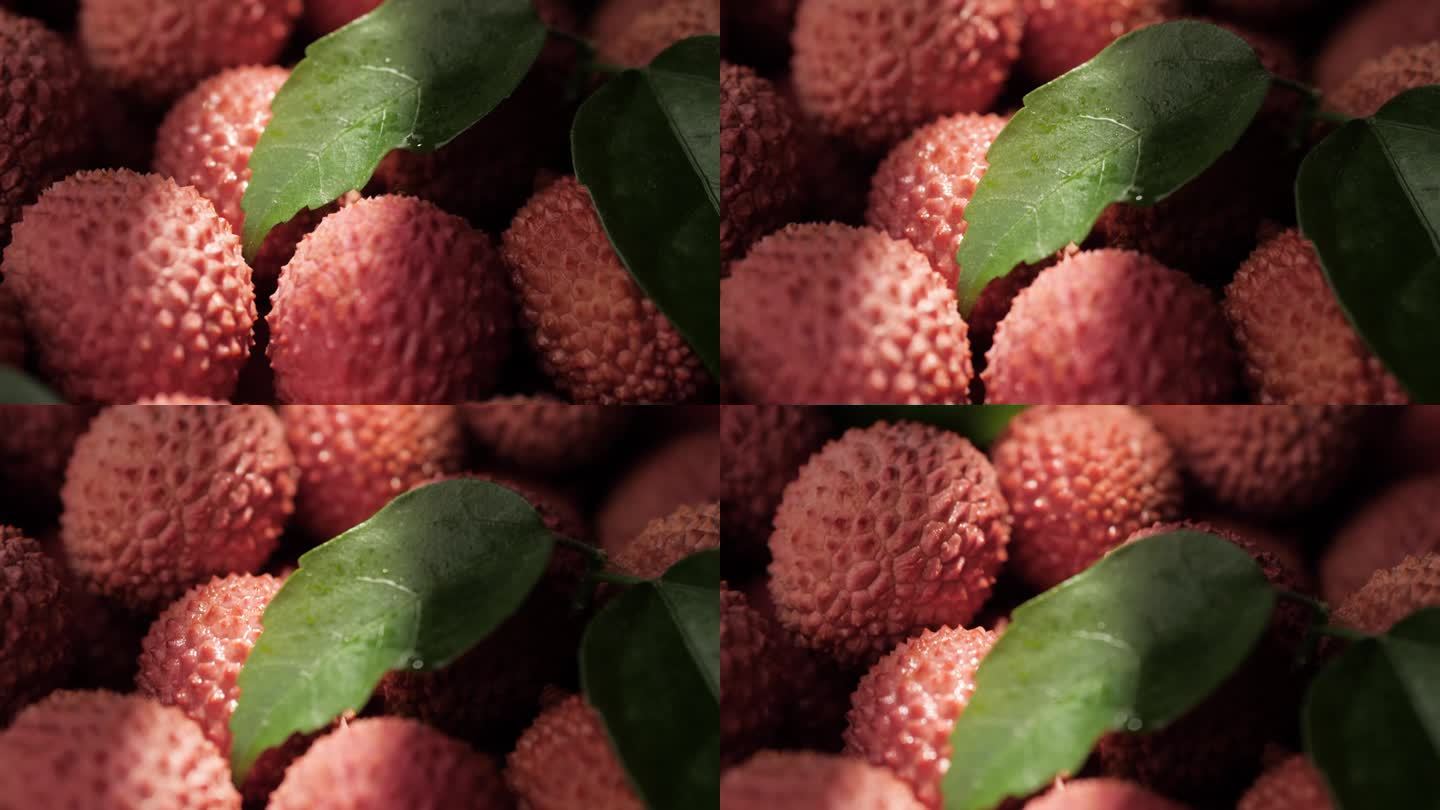 荔枝的水果。镜头缓缓向上平移，呈现出美丽多汁的荔枝果实。微距镜头