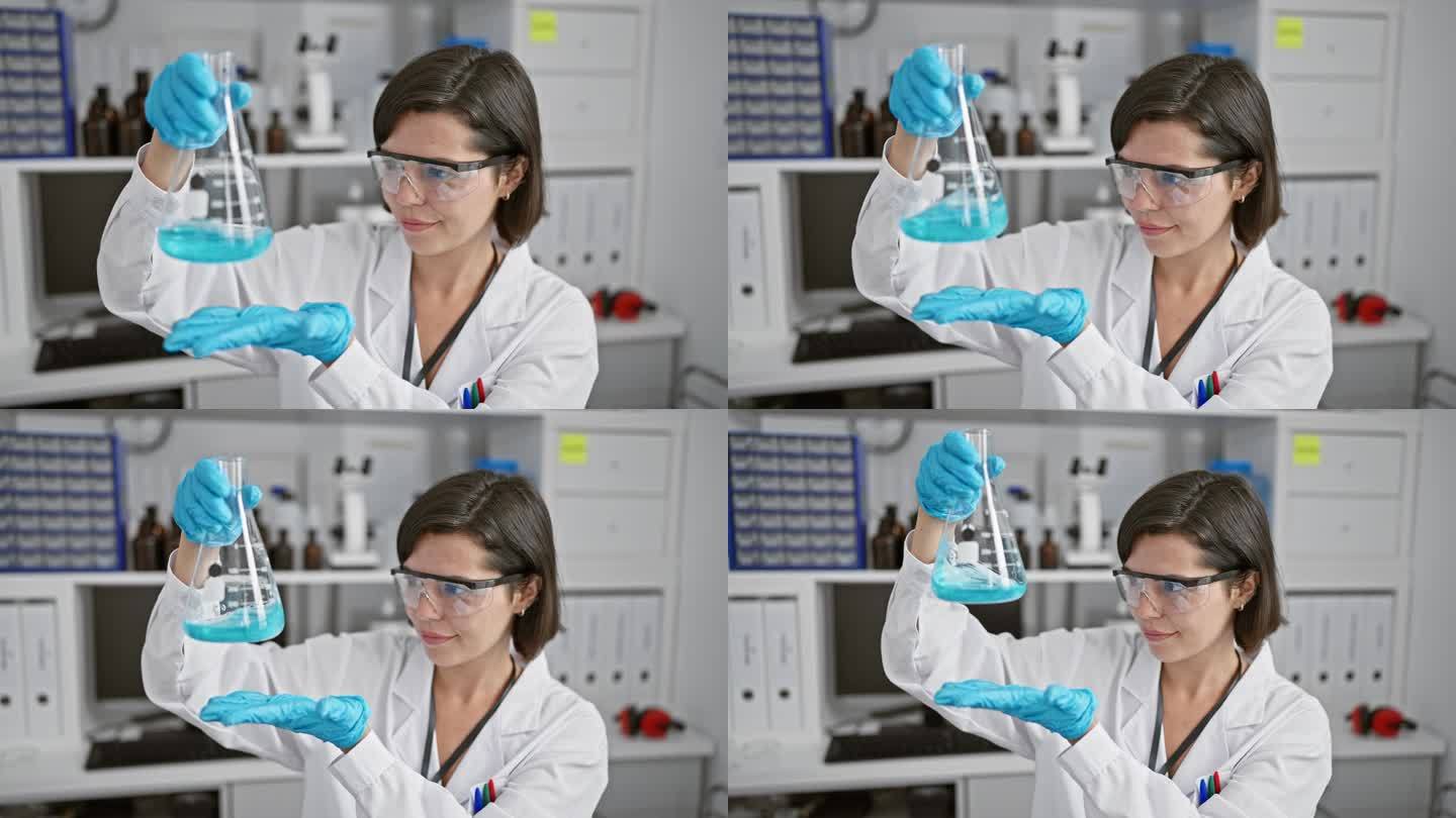 自信和美丽的年轻西班牙女科学家，微笑着拿着试管，在繁华的实验室环境中努力工作，沐浴在她的辐射实验的光