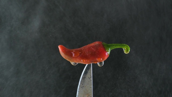 一把滴着水的刀上放着一个红辣椒