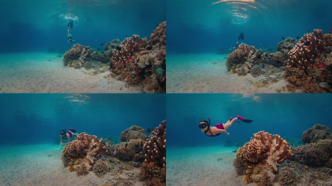 一名身穿粉色潜水服的女子在日落时分在印度尼西亚科莫多国家公园的珊瑚礁附近游泳，探索水下世界