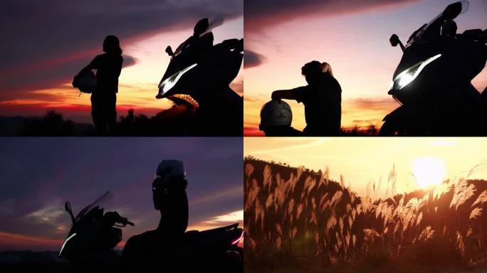 骑士骑摩托车在山顶观赏壮观的晚霞
