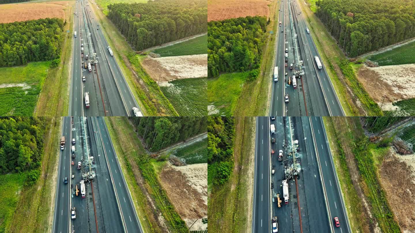 北卡罗莱纳州高速公路扩建:在绿地周围铺设新的基础设施。航拍镜头，镜头向前倾斜向下移动