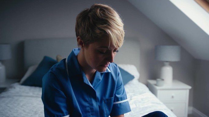 穿着护士制服的不开心的女人坐在家里的床上，泪流满面